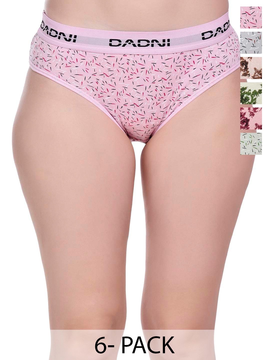 

DADNI FASHION Pack Of 6 Printed Pure Cotton Hipster Briefs, Pink