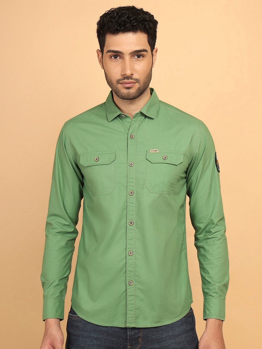 

Wrangler Regular Fit Double Flap Pocket Twill Weave Pure Cotton Casual Shirt, Green