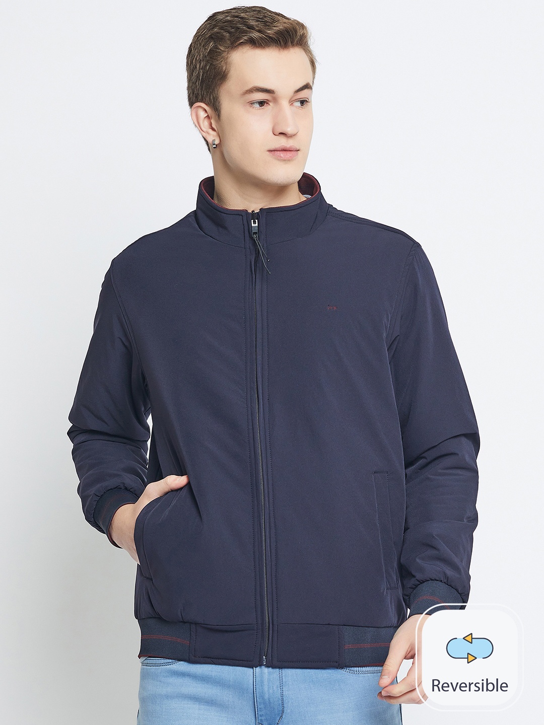 

Okane Mock Collar Reversible Bomber Jacket, Navy blue