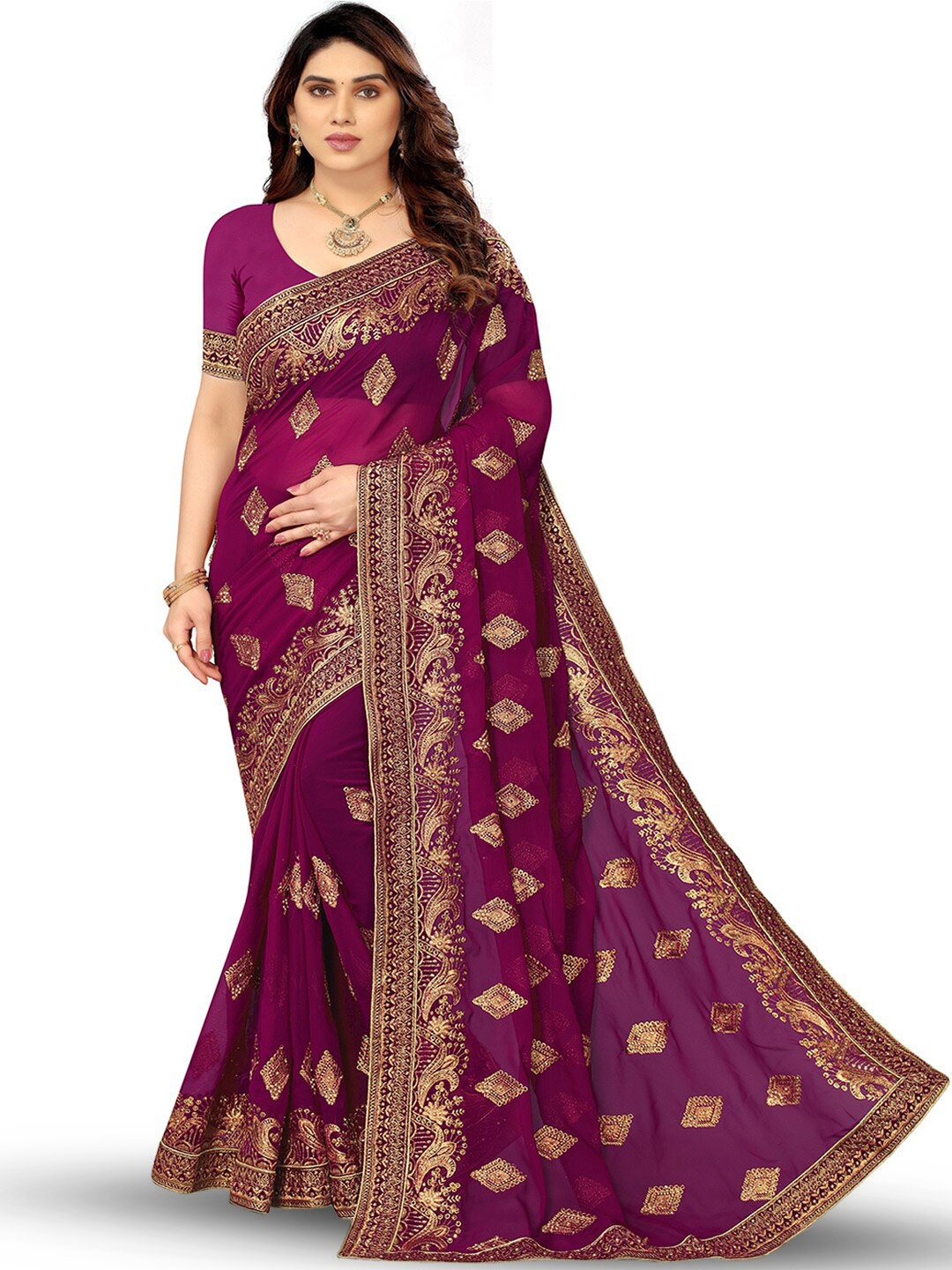 

B Bella Creation Ethnic Motifs Embroidered Beads & Stones Saree, Purple