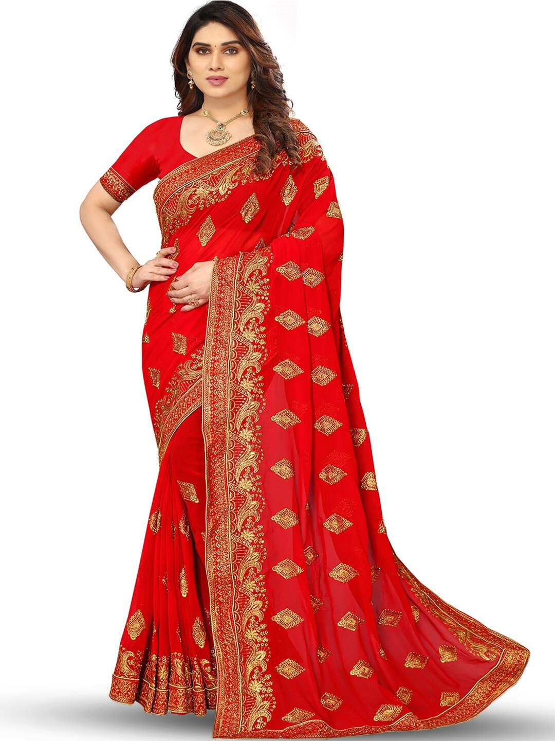 

B Bella Creation Ethnic Motifs Embroidered Beads & Stones Saree, Red