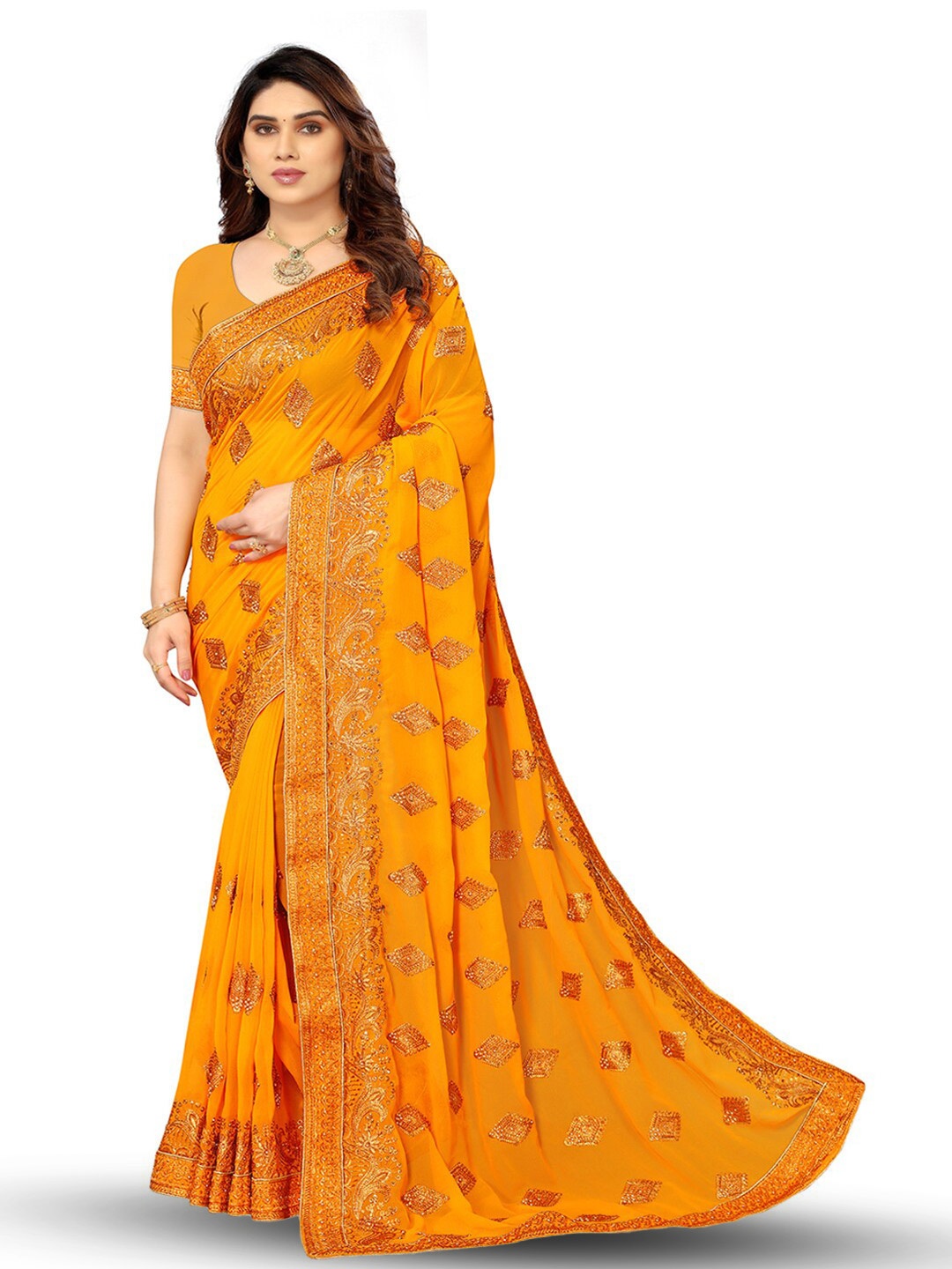 

B Bella Creation Ethnic Motifs Embroidered Beads & Stones Saree, Mustard