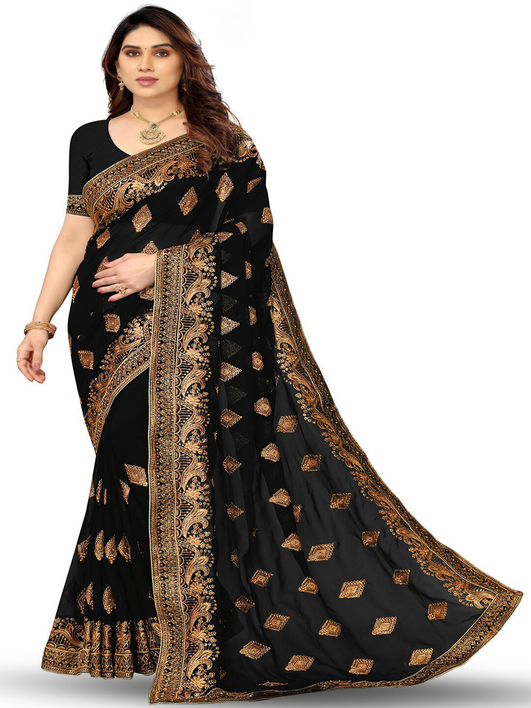 

B Bella Creation Ethnic Motifs Embroidered Beads & Stones Saree, Black