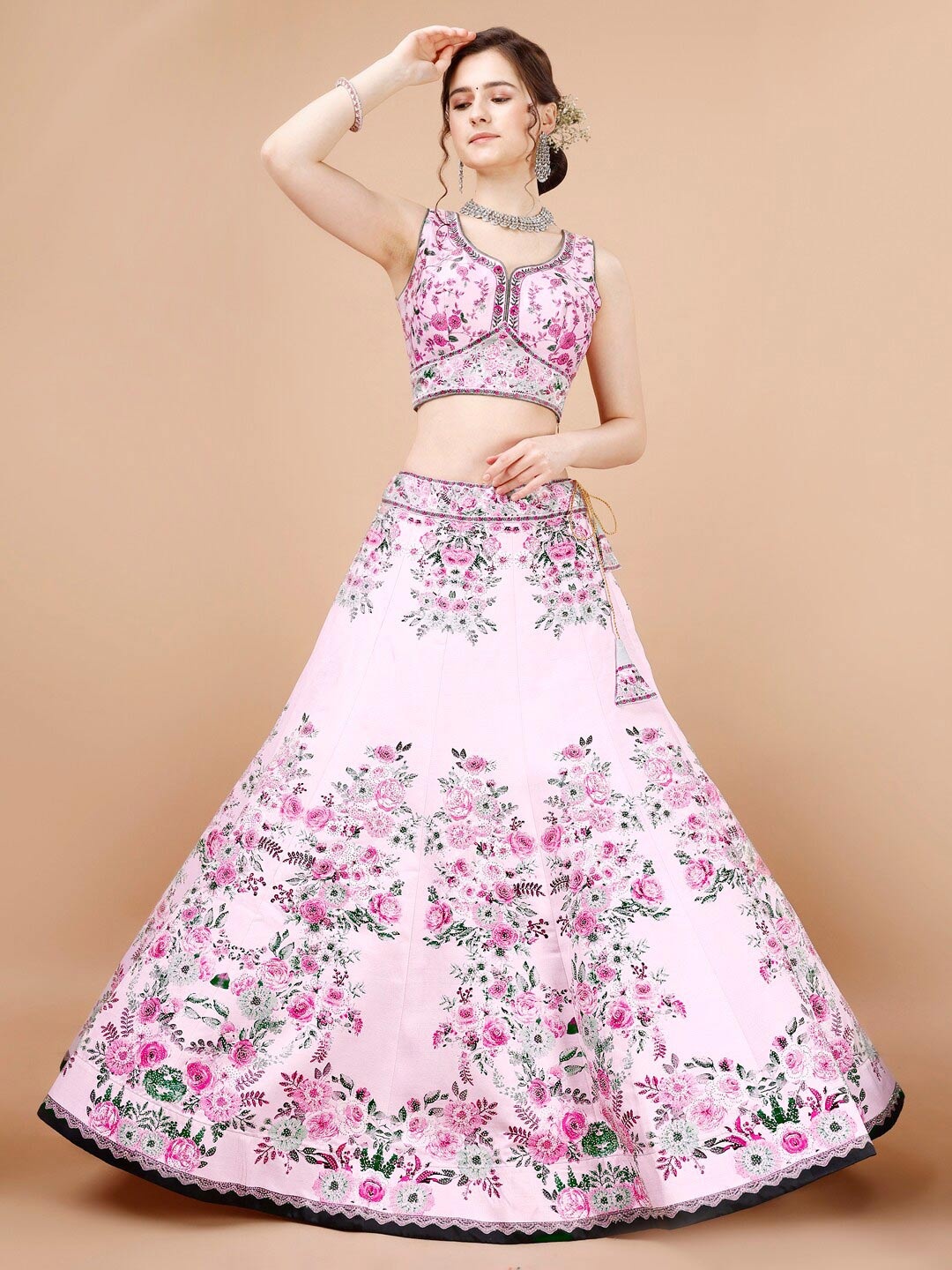 

SAPTRANGI Printed Thread Work Ready to Wear Lehenga & Blouse With Dupatta, Pink