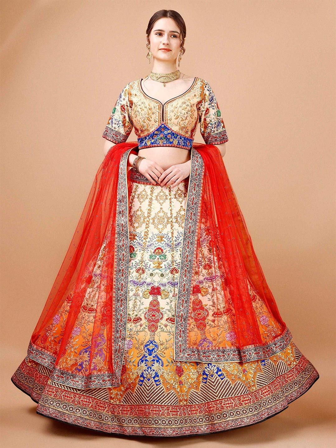 

SAPTRANGI Printed Beads and Stones Ready to Wear Lehenga & Blouse With Dupatta, Cream
