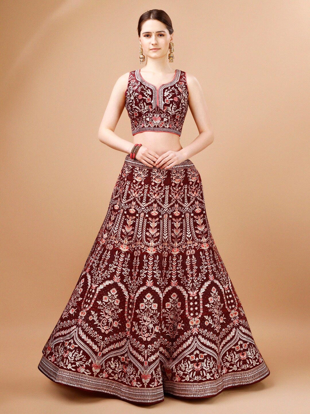 

SAPTRANGI Embroidered Ready to Wear Lehenga & Blouse With Dupatta, Maroon