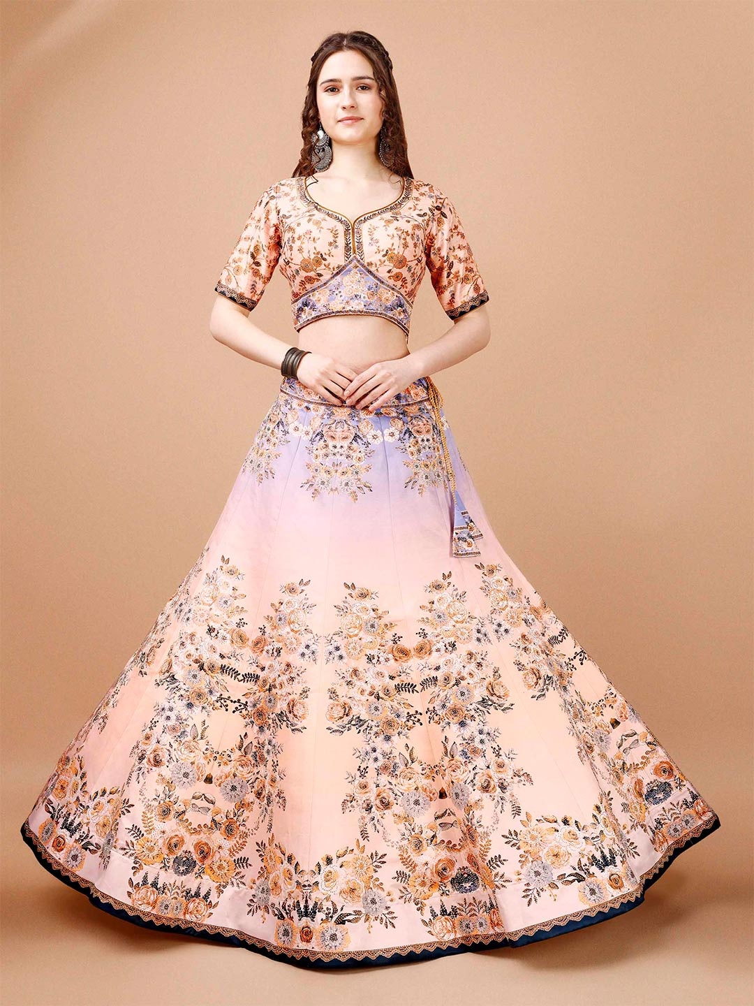 

SAPTRANGI Printed Beads and Stones Ready to Wear Lehenga & Blouse With Dupatta, Peach