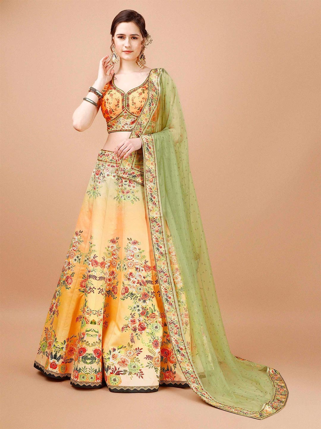 

SAPTRANGI Printed Beads and Stones Ready to Wear Lehenga & Blouse With Dupatta, Yellow