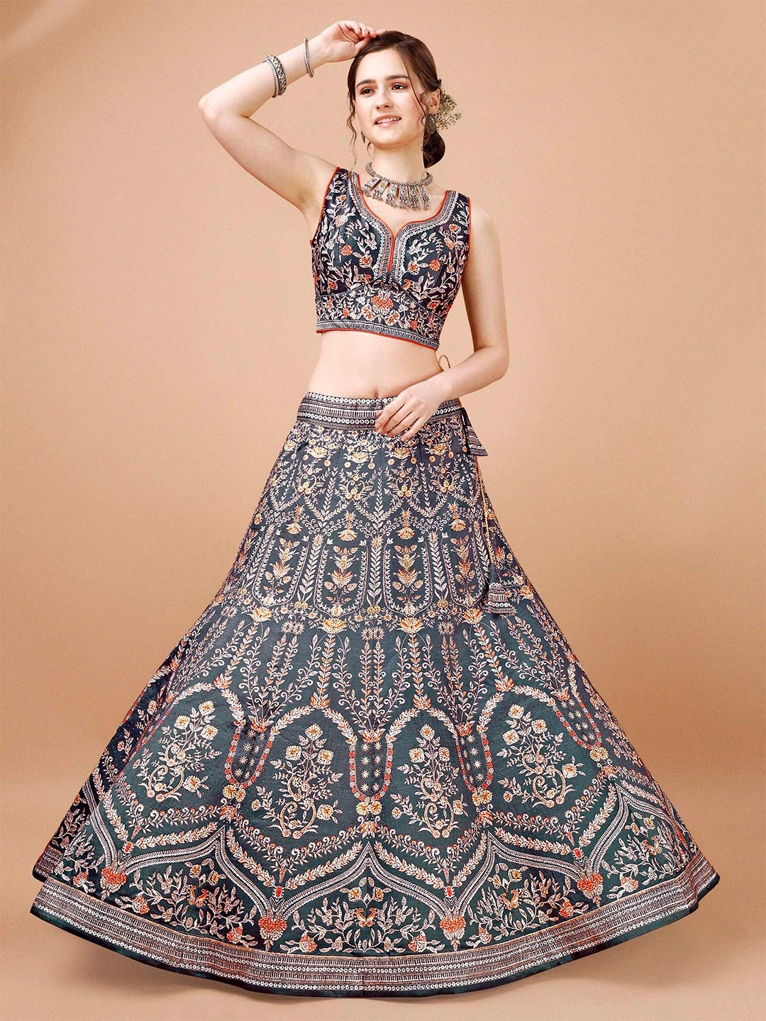 

SAPTRANGI Printed Beads and Stones Ready to Wear Lehenga & Blouse With Dupatta, Teal