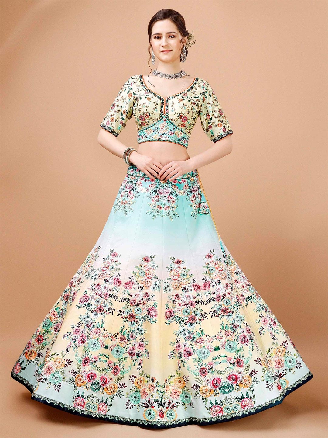 

SAPTRANGI Printed Sequinned Ready to Wear Lehenga & Blouse With Dupatta, Turquoise blue