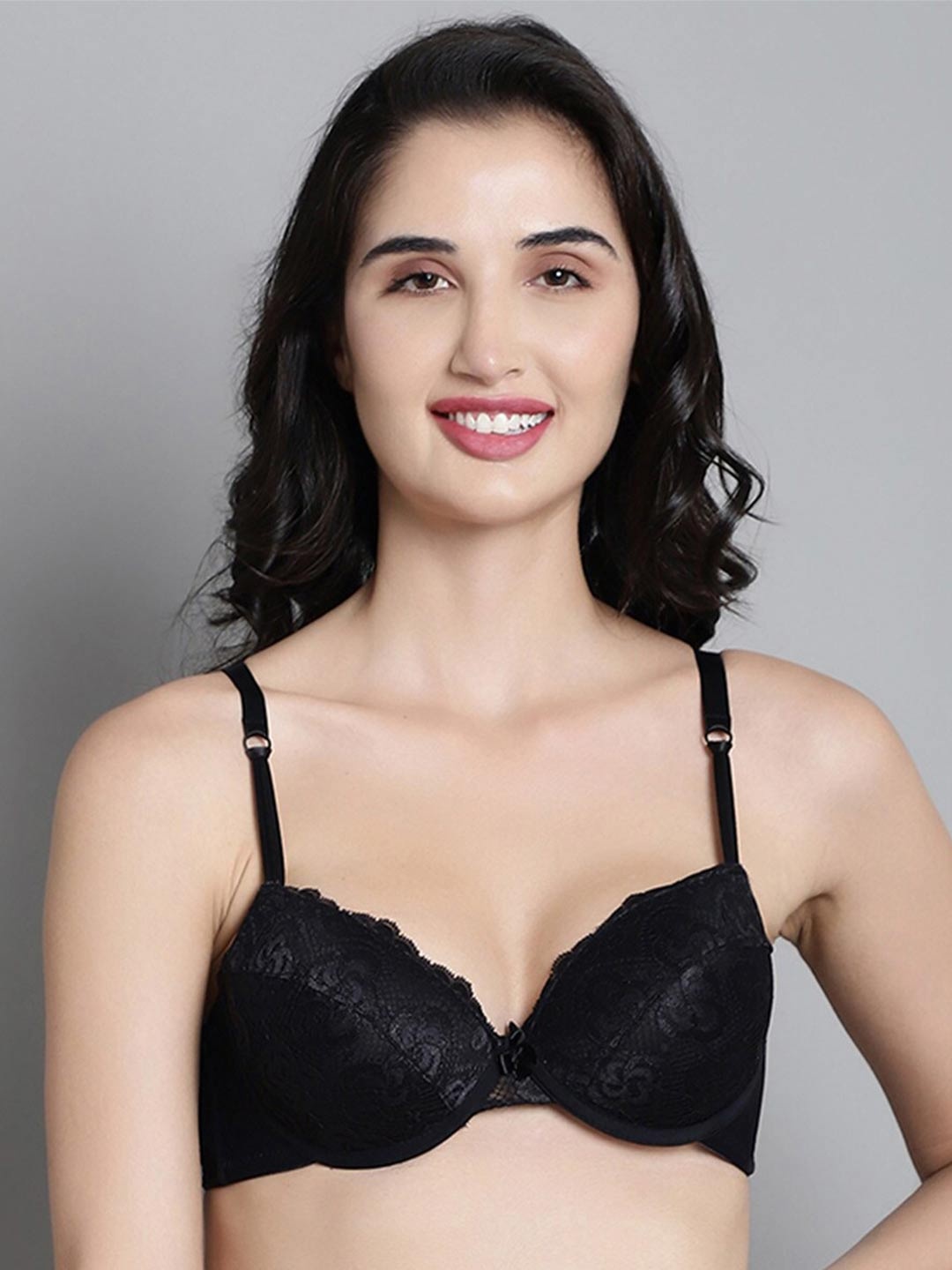 

MAKCLAN Floral Self Design Medium Coverage All Day Comfort Dry Fit Plunge Bra, Black