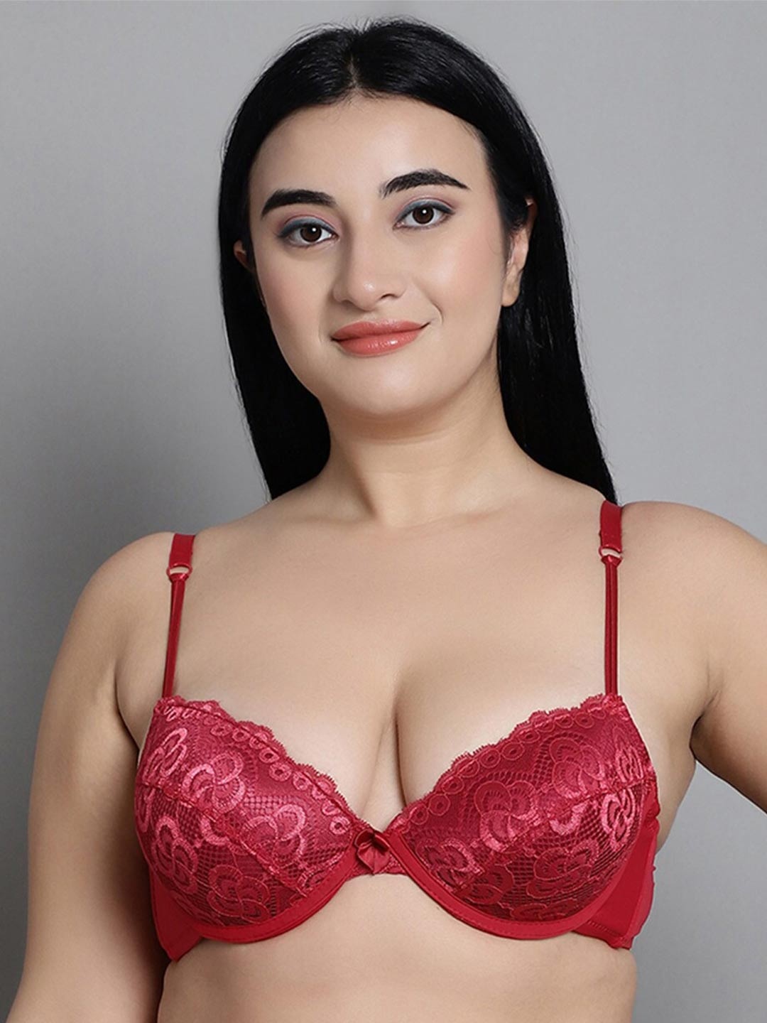 

MAKCLAN Floral Self Design Medium Coverage All Day Comfort Dry Fit Plunge Bra, Red