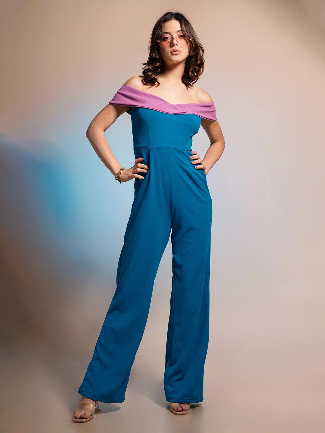 

Stylecast X Hersheinbox Blue & Pink Colourblocked Off-Shoulder Basic Jumpsuit