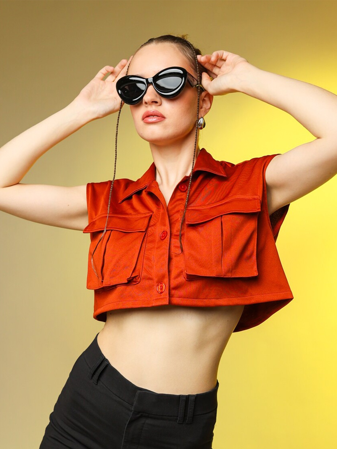 

Stylecast X Hersheinbox Shirt Collar Extended Sleeves Crop Shirt Style Top, Rust