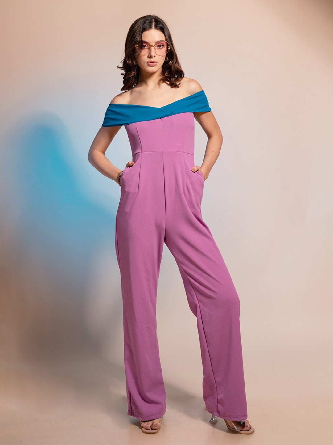 

Stylecast X Hersheinbox Pink & Blue Colourblocked Off-Shoulder Basic Jumpsuit