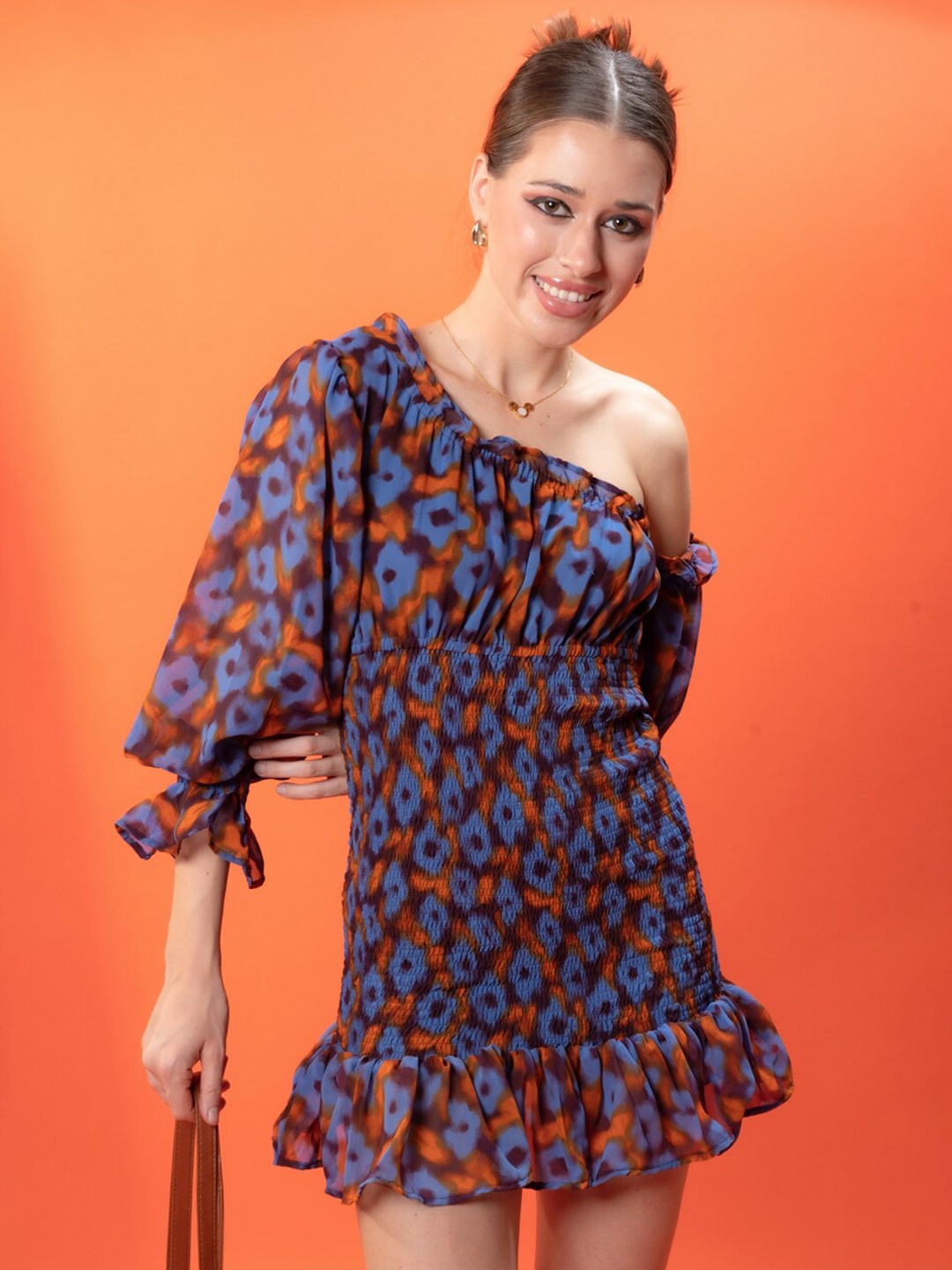 

Stylecast X Hersheinbox Brown & Purple Printed Off Shoulder Georgette Dress