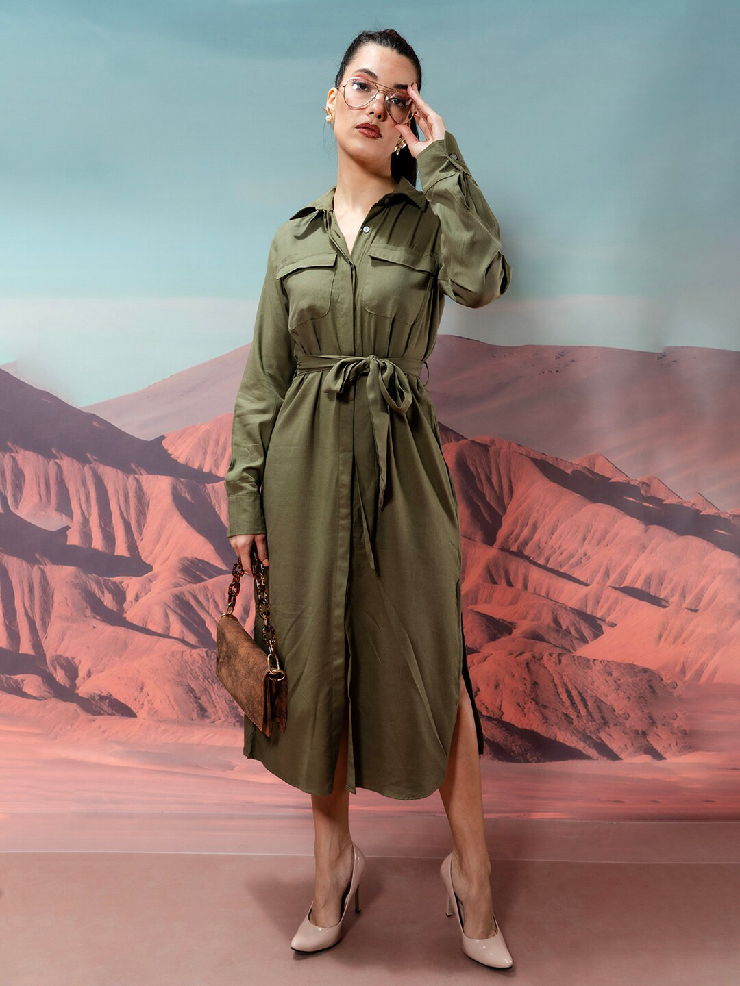 

Stylecast X Hersheinbox Olive Tie-Up Pure Cotton Shirt Style Midi Dress