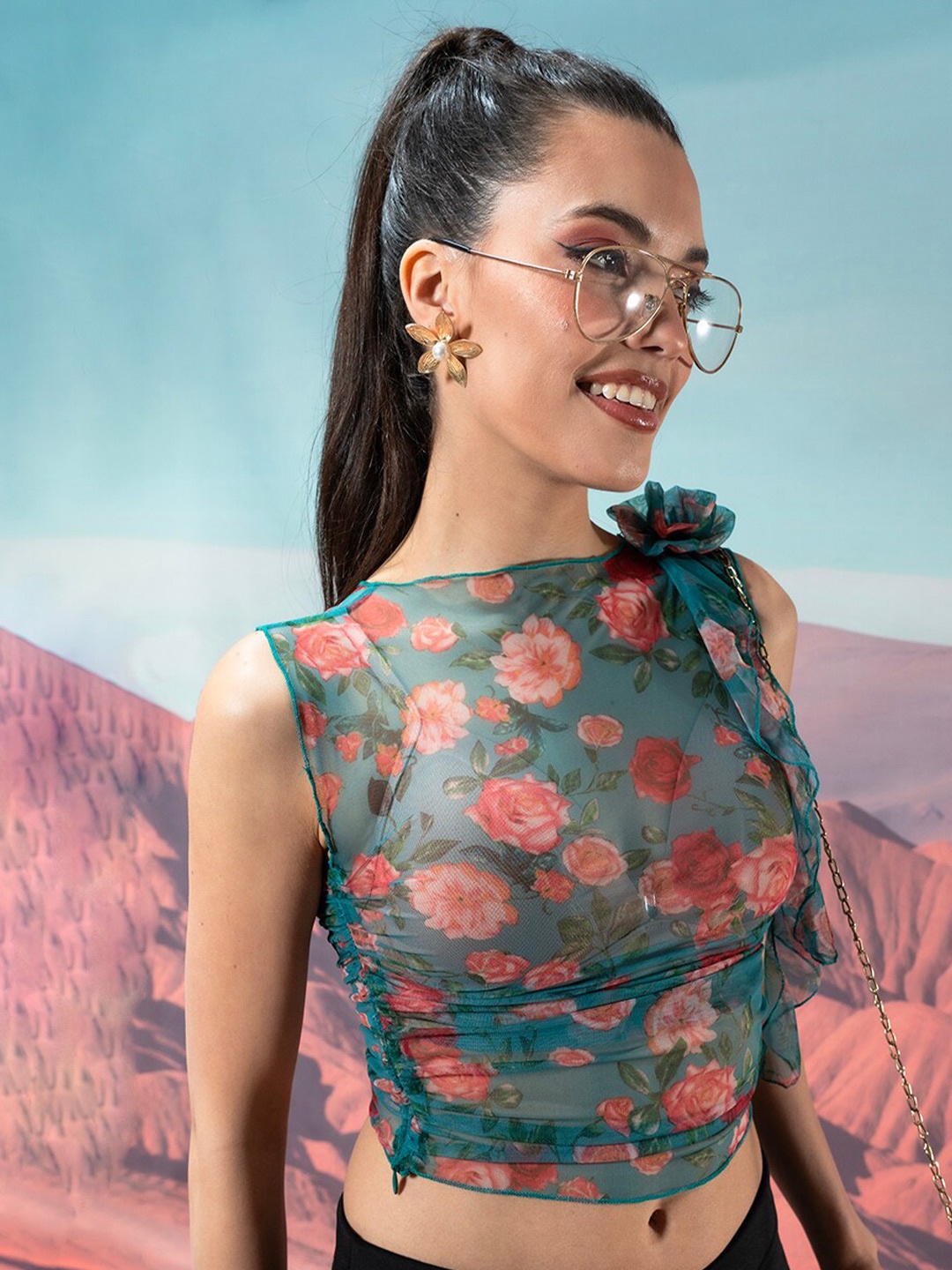 

Stylecast X Hersheinbox Blue Floral Printed Fitted Sheer Crop Top