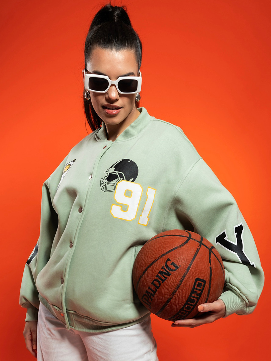 

Stylecast X Hersheinbox Typography Printed Cotton Varsity Jacket, Green