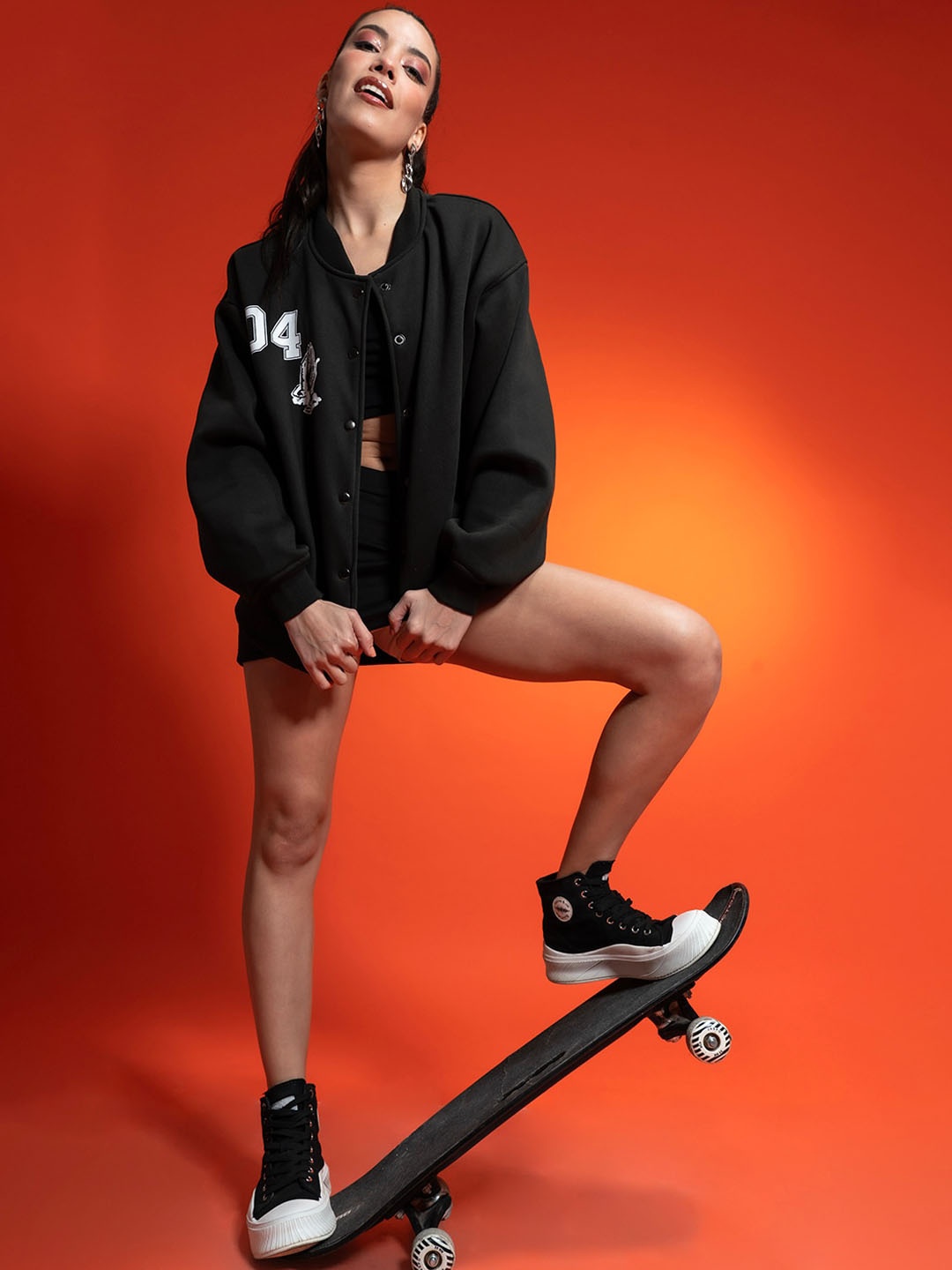 

Stylecast X Hersheinbox Black Typography Printed Pure Cotton Varsity Jacket
