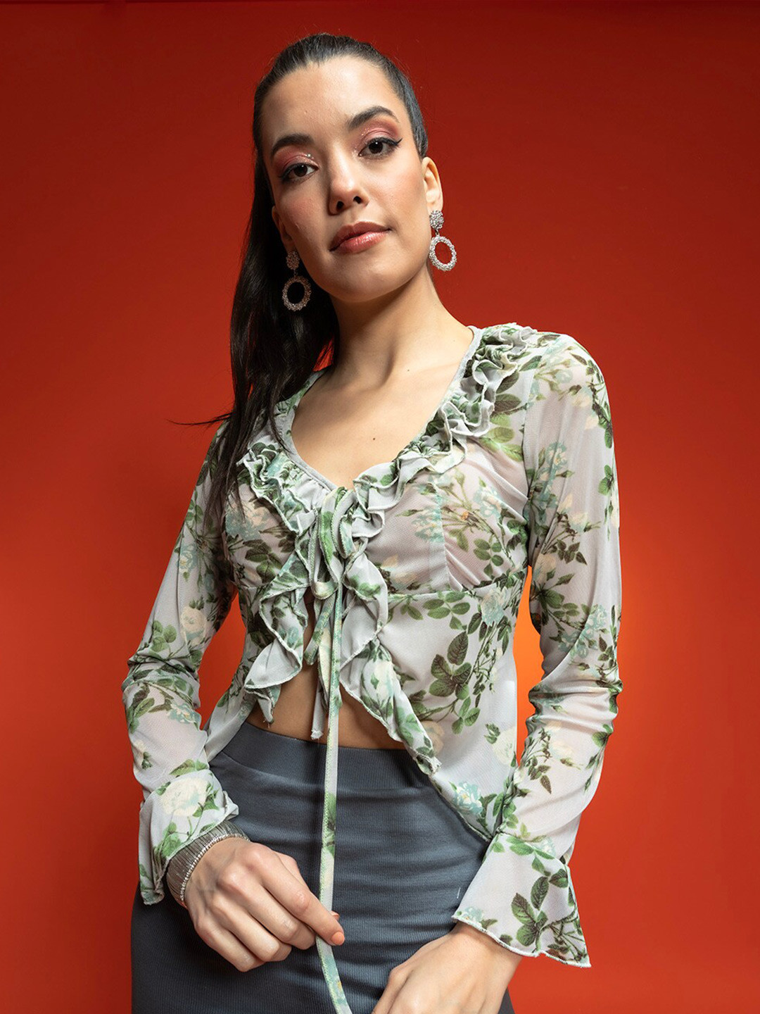 

Stylecast X Hersheinbox Green Floral Printed Ruffles Wrap Top