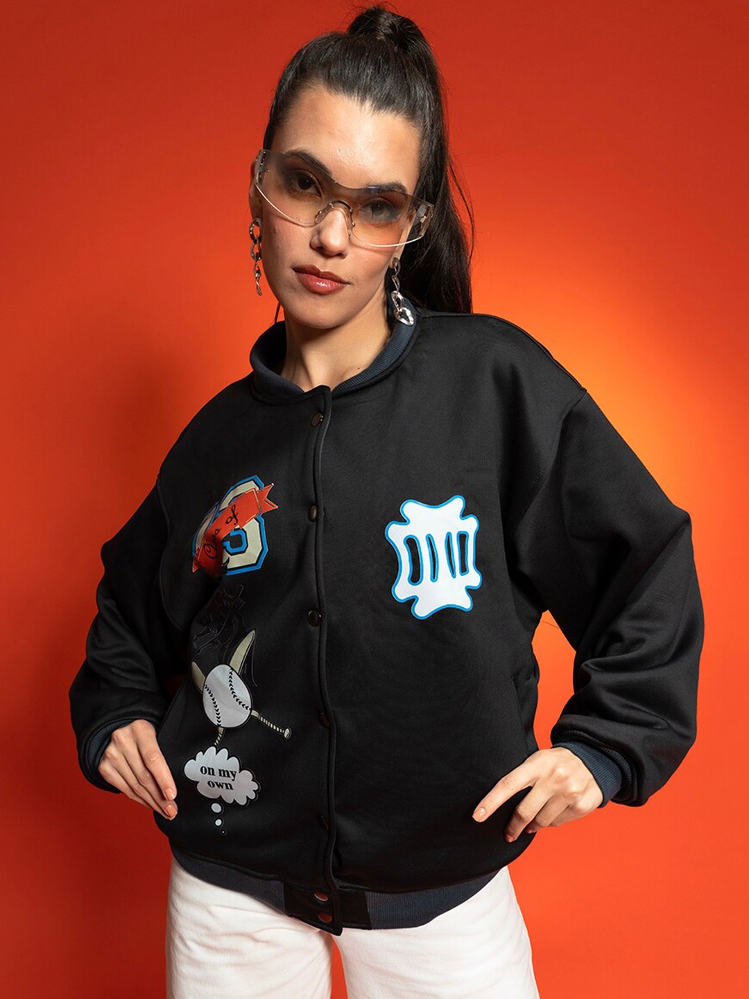 

Stylecast X Hersheinbox Black Graphic Printed Pure Cotton Tailored Jacket