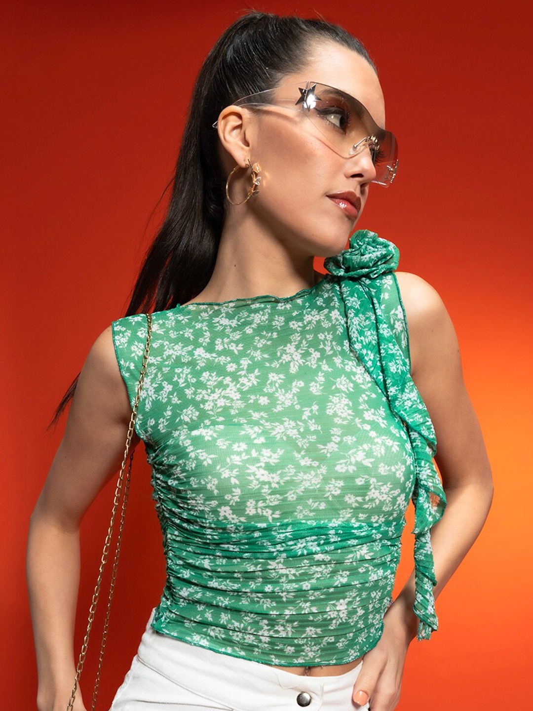 

Stylecast X Hersheinbox Green Floral Printed Sleeveless Crop Corset Top