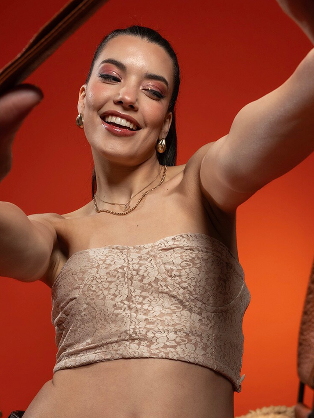 

Stylecast X Hersheinbox Beige Self Design Strapless Lace Crop Tube Top