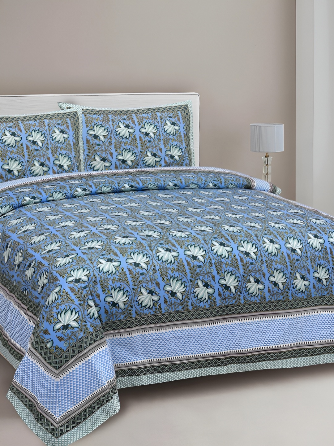 

FABROLI Blue Floral Cotton 300 TC King Bedsheet with 2 Pillow Covers 130 GSM