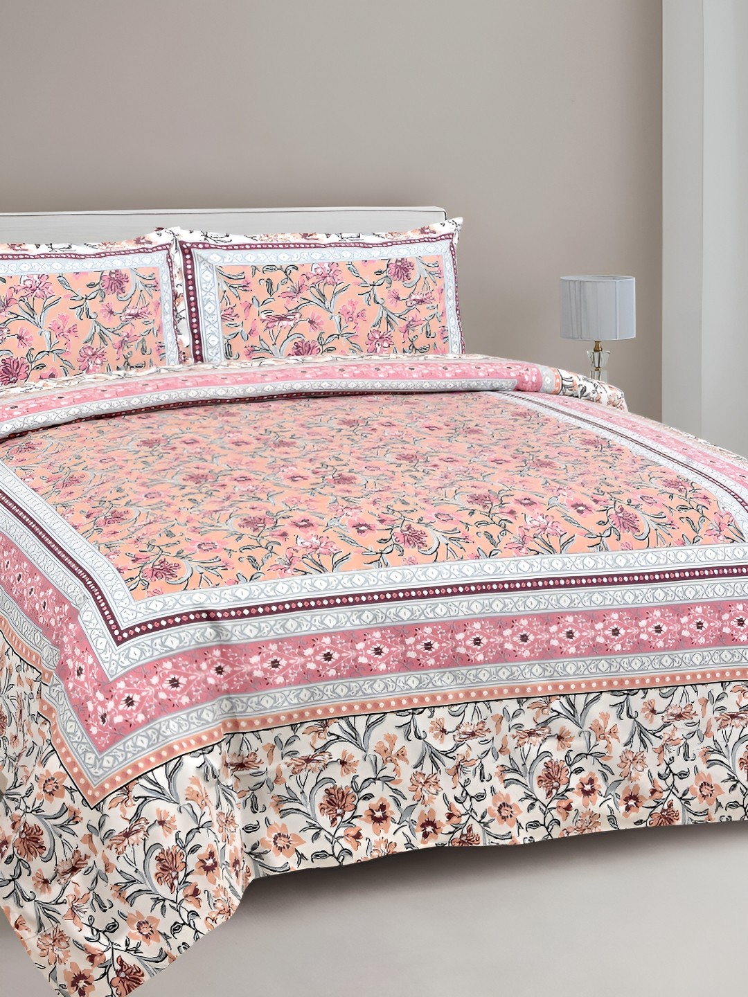 

FABROLI Pink & White Floral Cotton 300 TC King Bedsheet with 2 Pillow Covers
