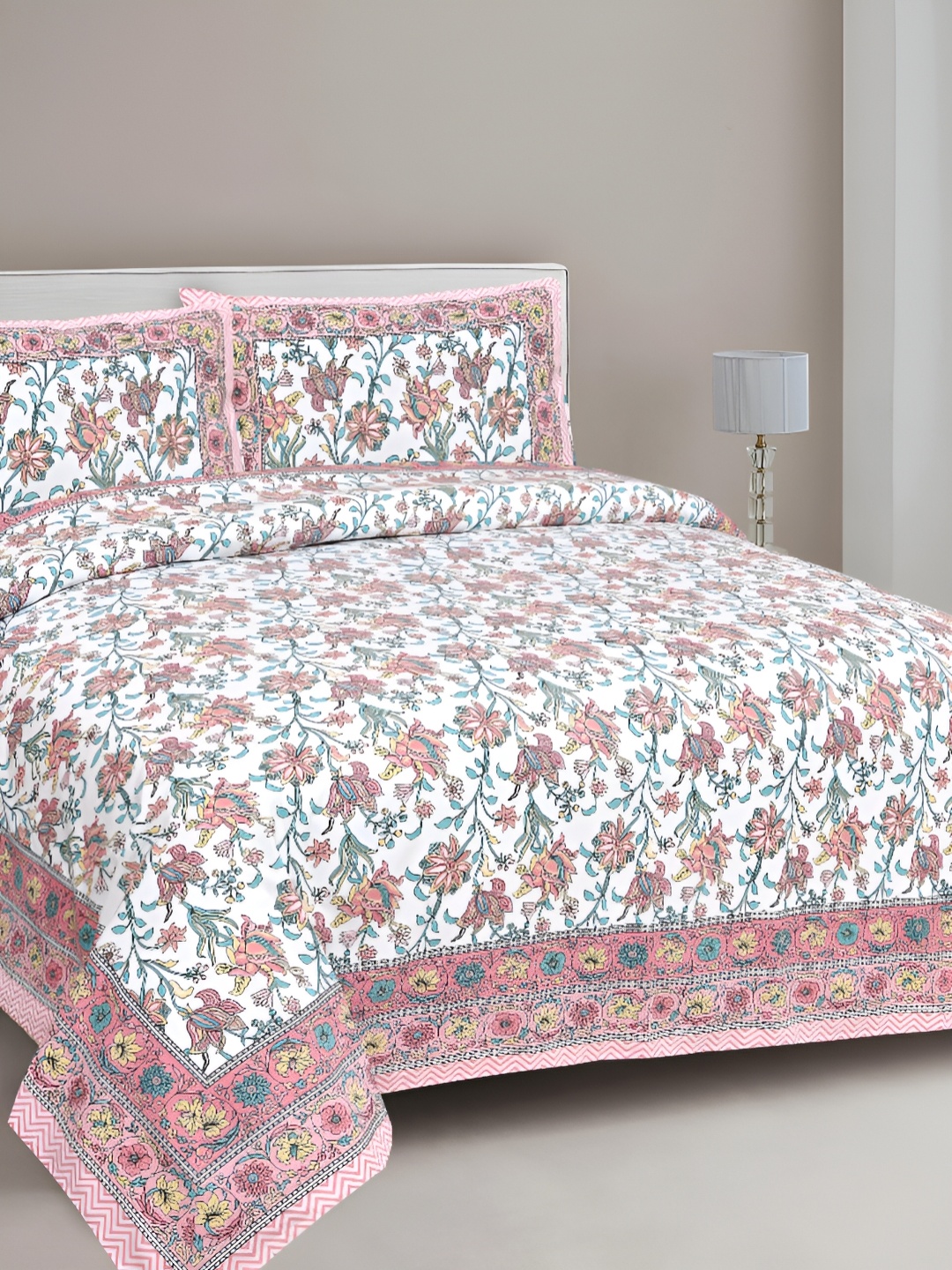 

FABROLI Pink & White Floral Cotton 300 TC King Bedsheet with 2 Pillow Covers