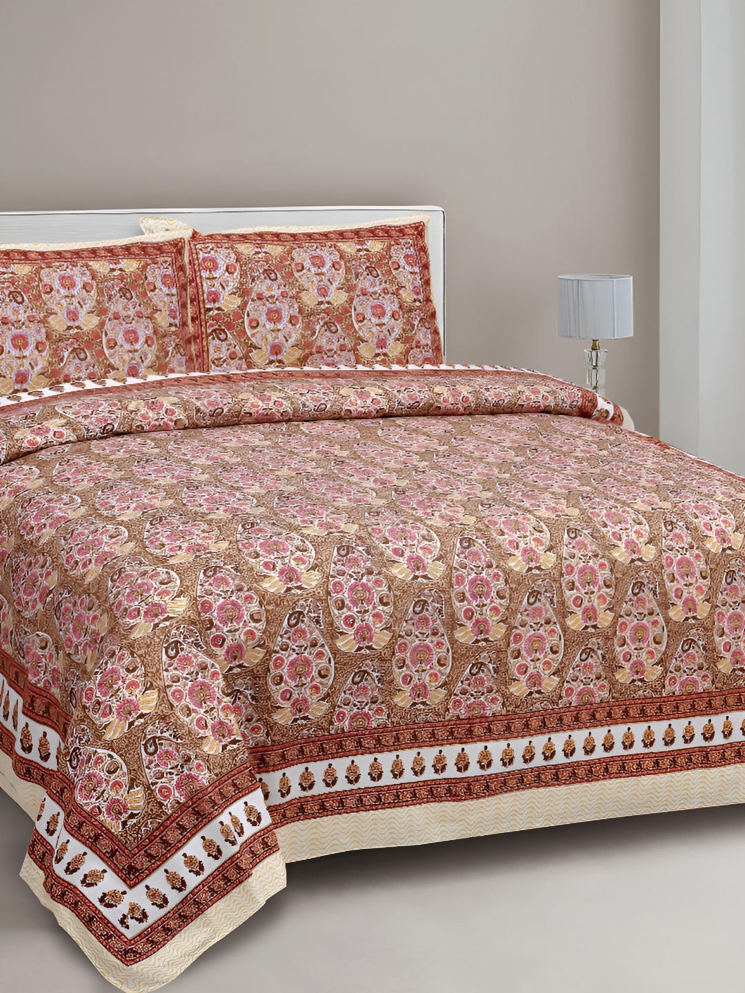 

FABROLI Brown & Red Floral Cotton 300 TC King Bedsheet with 2 Pillow Covers