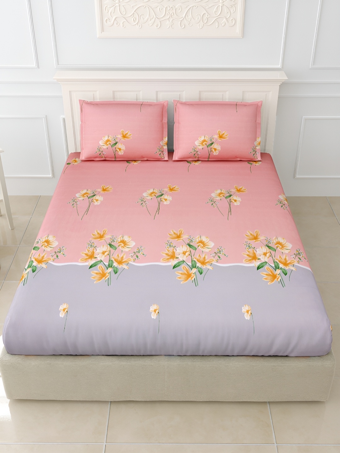 

FABROLI Pink & Grey Floral Printed 300 TC King Bedsheet With 2 Pillow Covers