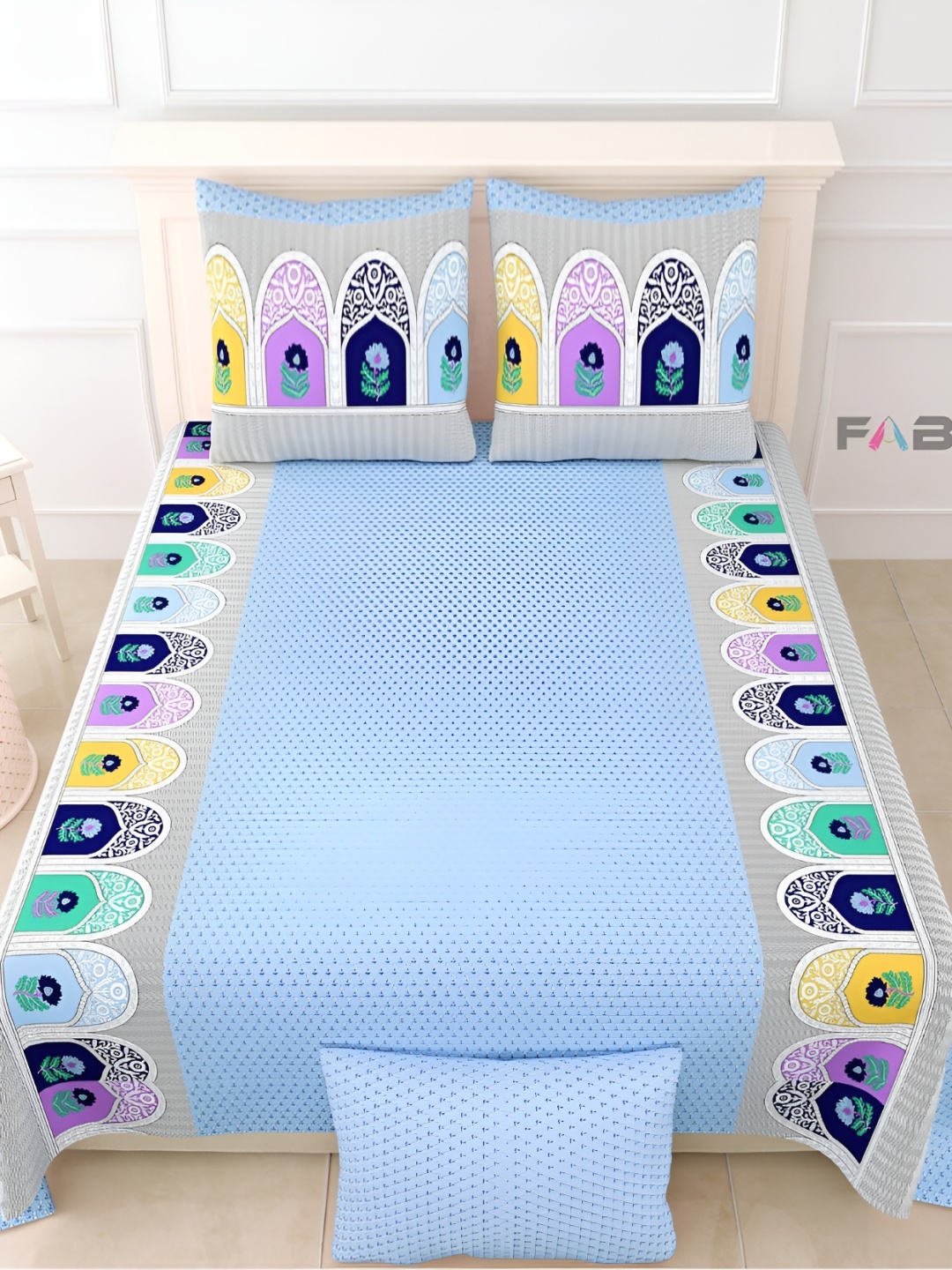 

FABROLI Blue & Yellow Floral Cotton 300 TC King Bedsheet with 2 Pillow Covers