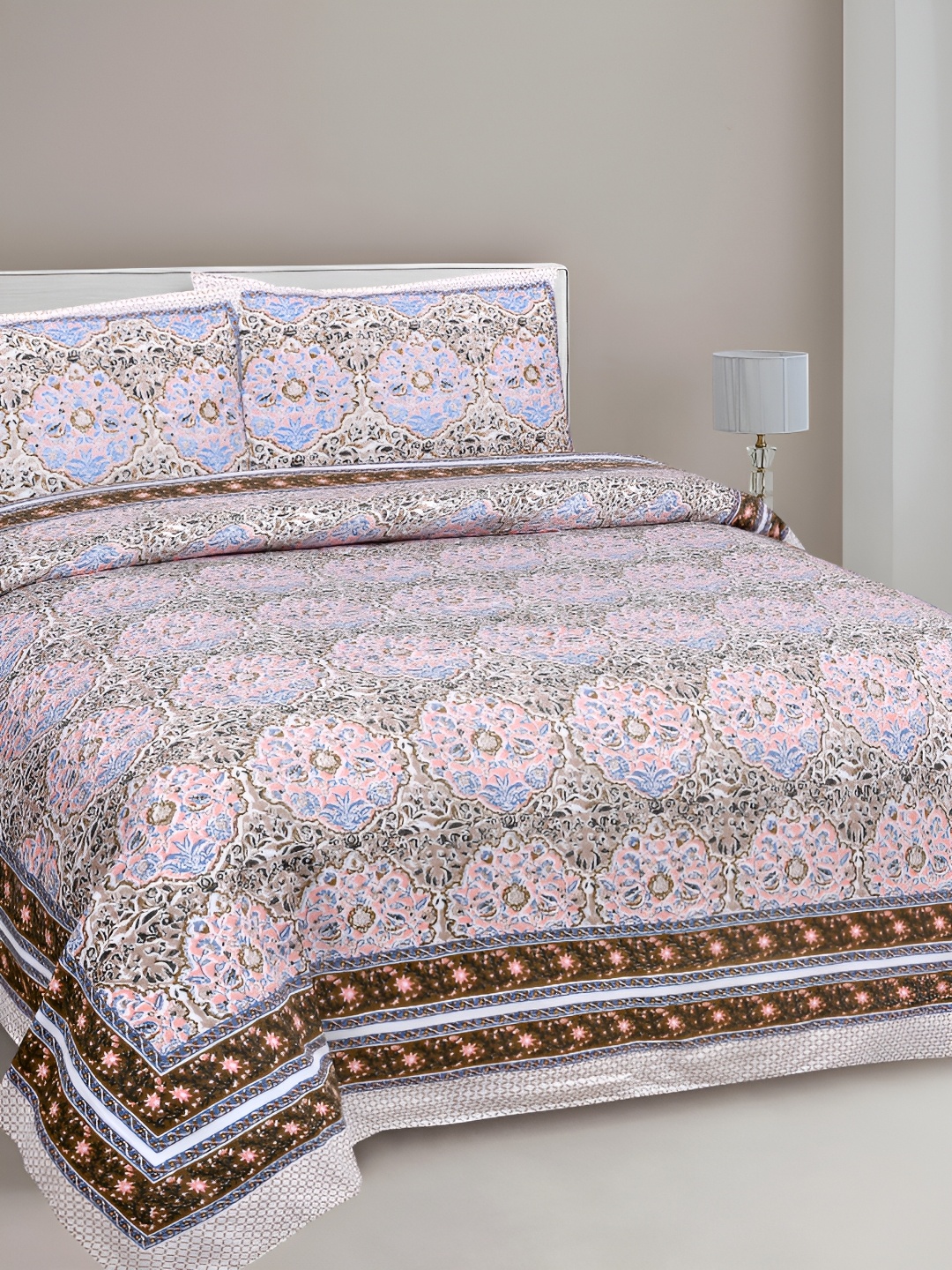 

FABROLI Grey & Pink Floral 300 TC King Bedsheet with 2 Pillow Covers 130 GSM