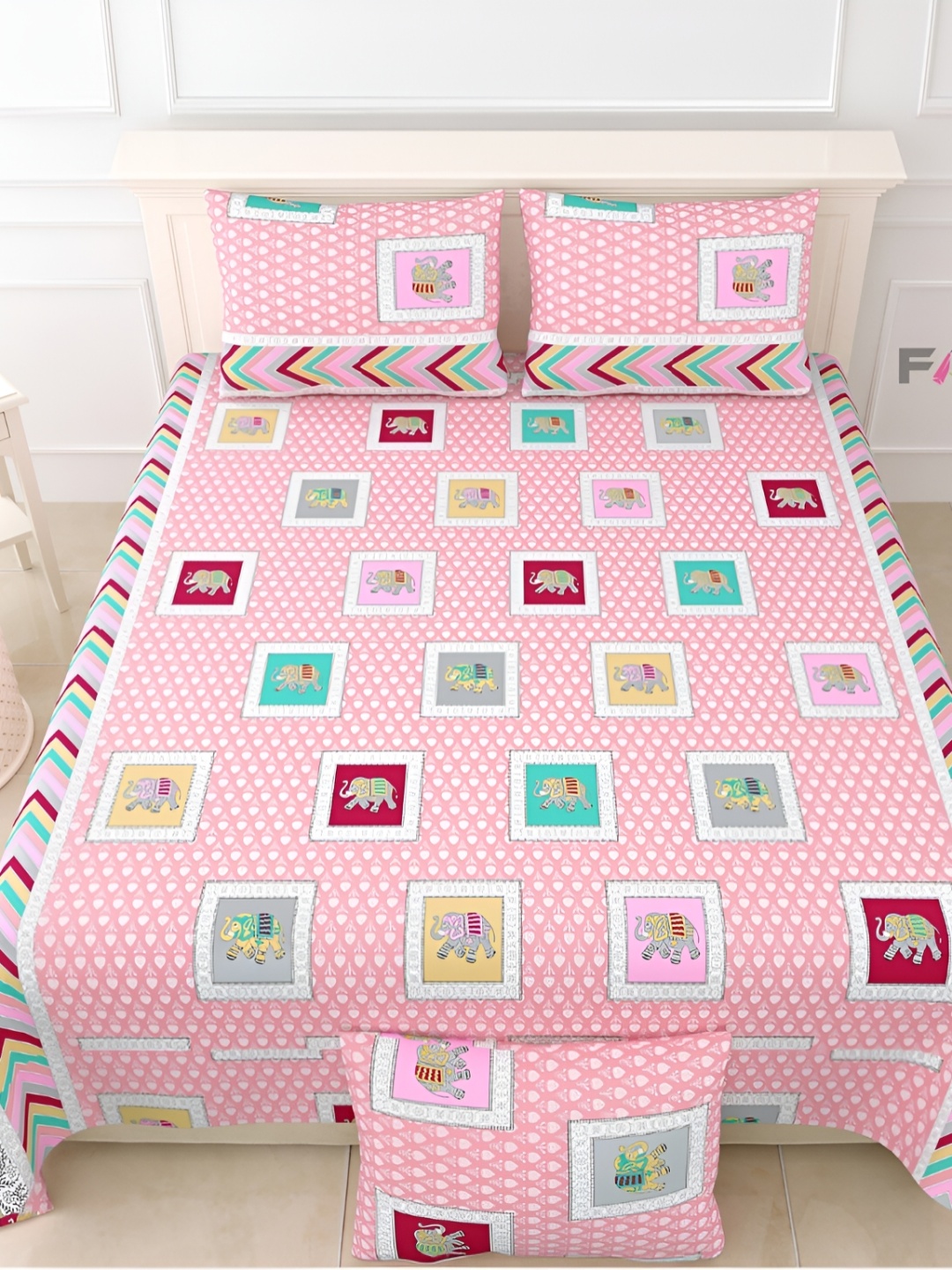 

FABROLI Pink & White Ethnic Motifs Cotton 300 TC King Bedsheet With 2 Pillow Covers