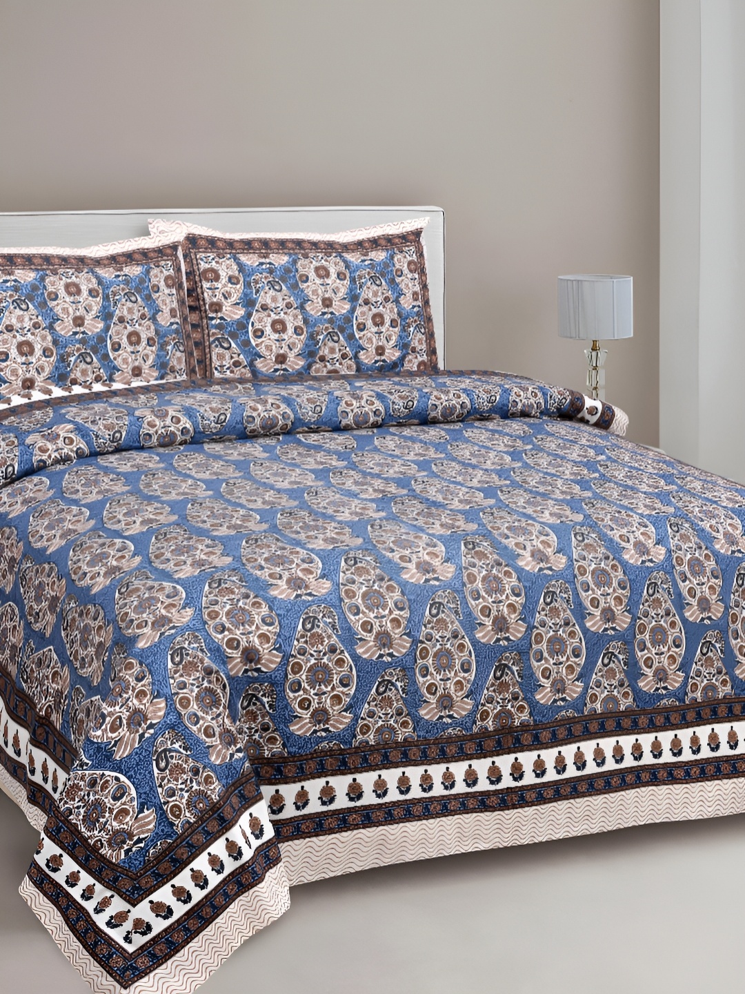 

FABROLI Blue & Brown Ethnic Motifs Cotton 300 TC King Bedsheet With 2 Pillow Covers