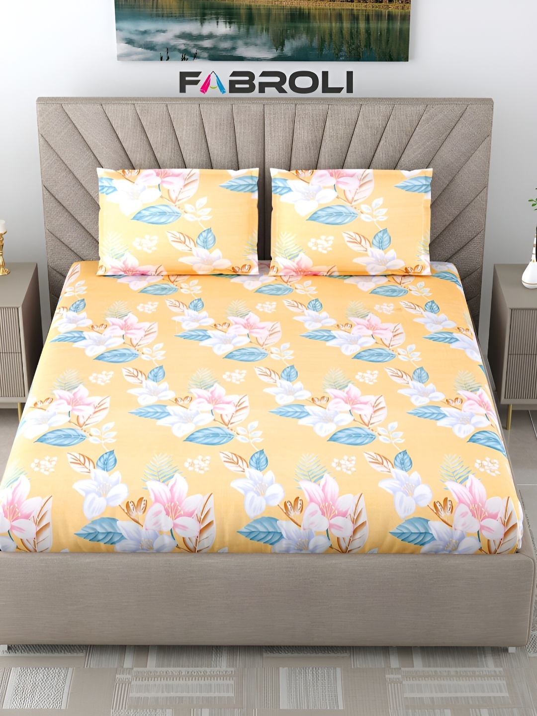 

FABROLI Yellow Blue Floral 300 TC Cotton King Bedsheet With 2 Pillow Covers