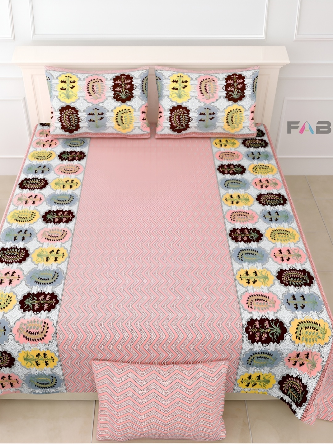 

FABROLI Pink & Yellow Abstract Cotton 300 TC King Bedsheet with 2 Pillow Covers