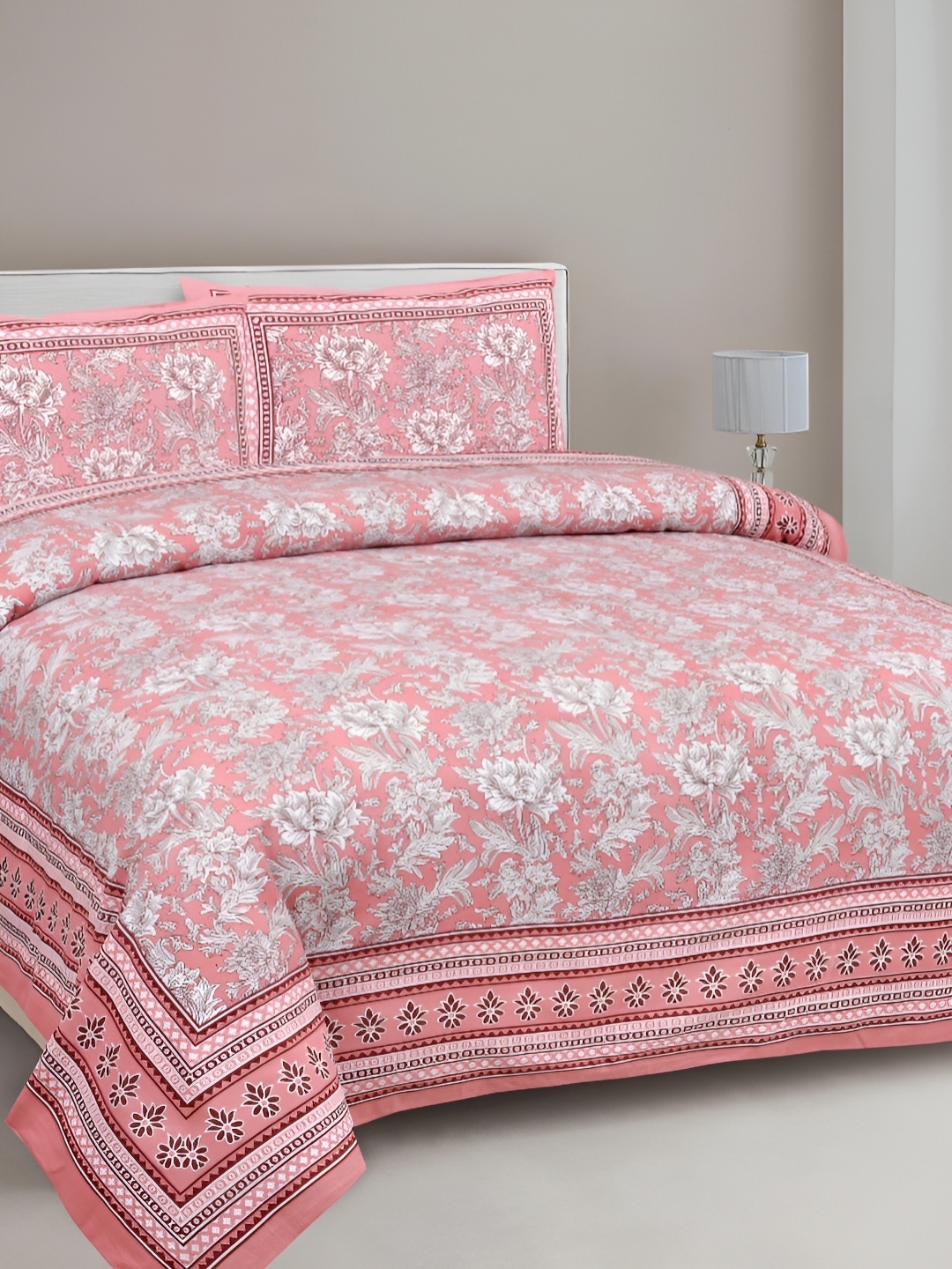 

FABROLI Pink & White 300 TC Double King 130 GSM Bedsheet Set