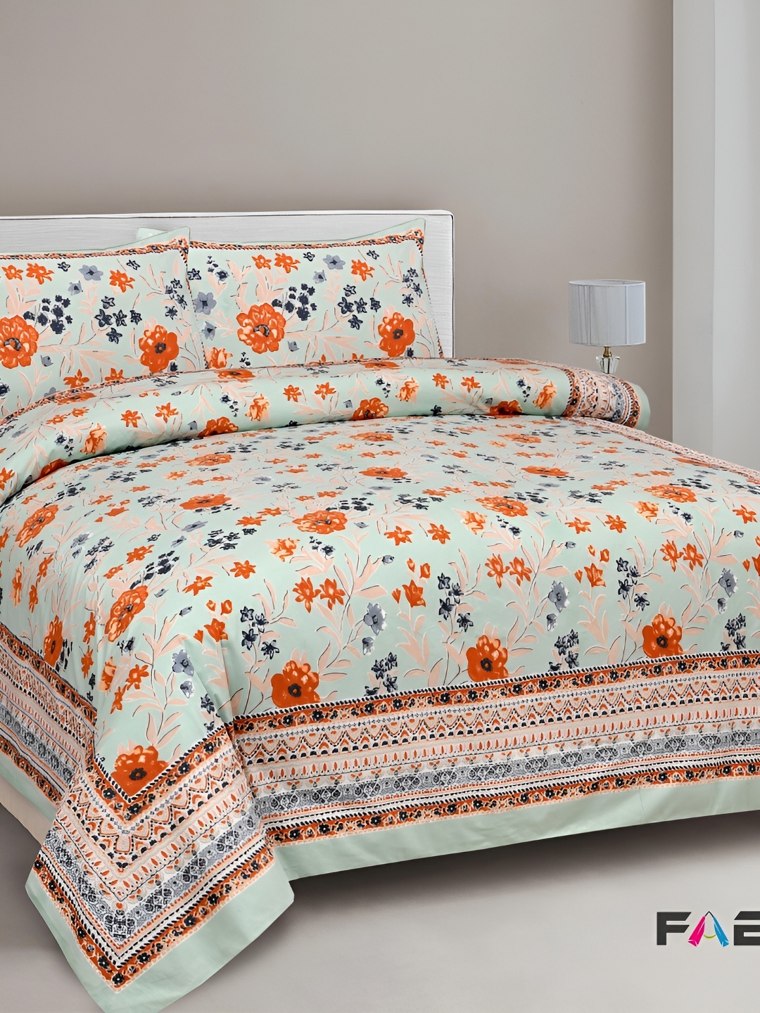 

FABROLI Green Orange Floral Cotton 300 TC King Bedsheet With 2 Pillow Covers