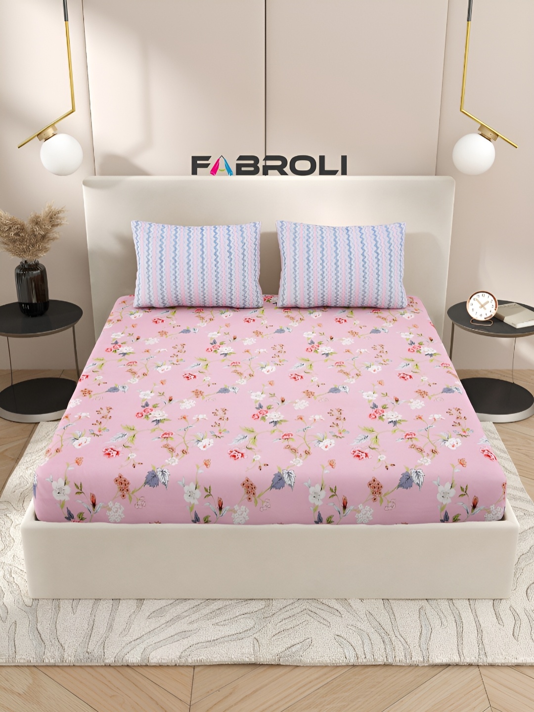 

FABROLI Floral Print 300 TC King Bedsheet With 2 Pillow Covers, Pink