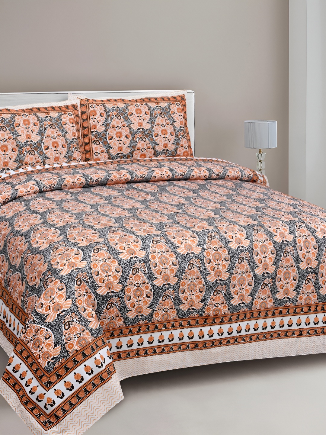 

FABROLI Orange & Grey 300 TC Double King 130 GSM Bedsheet Set