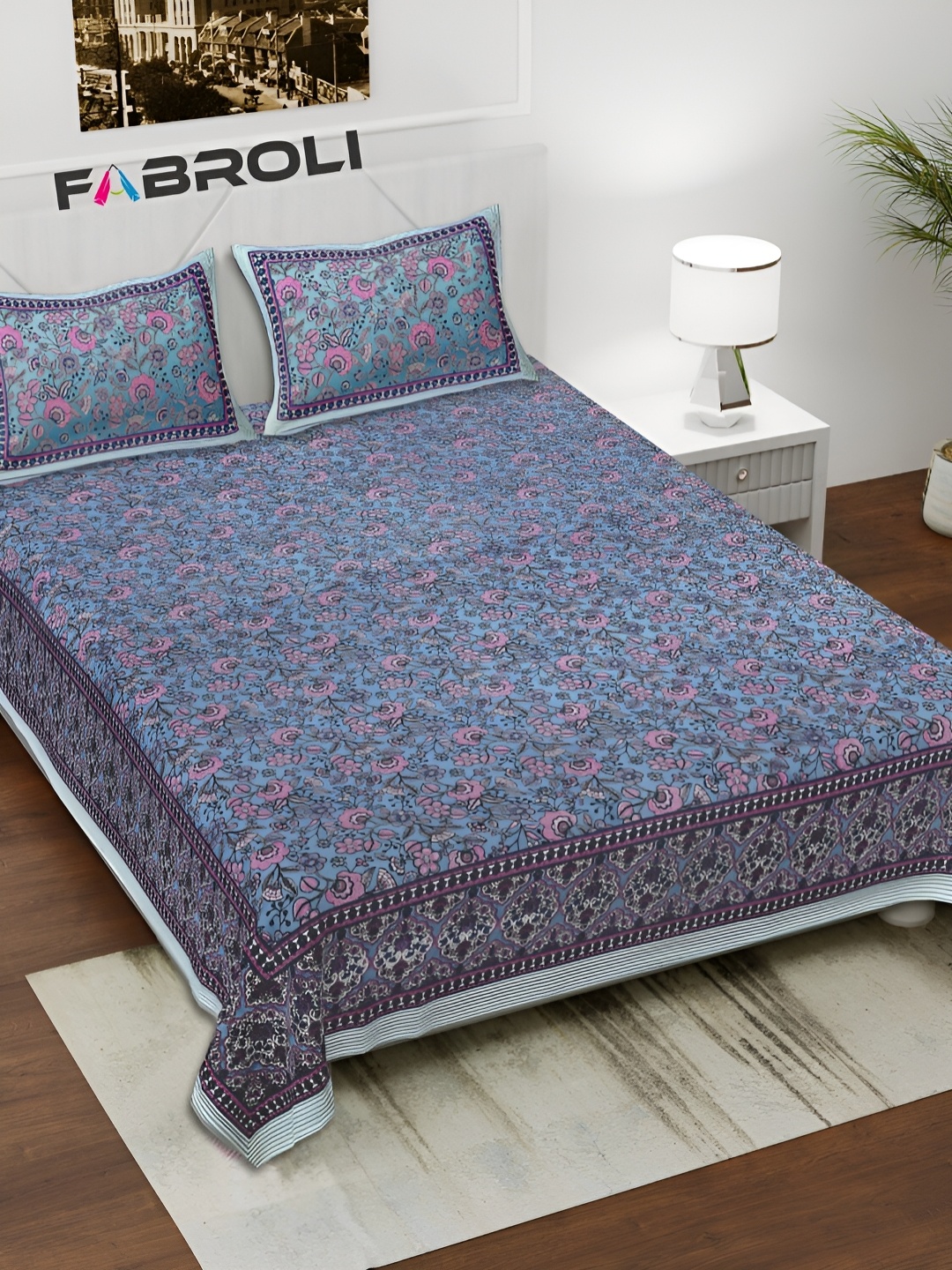 

FABROLI Blue Floral 300 TC King Bedsheet with 2 Pillow Covers 130 GSM