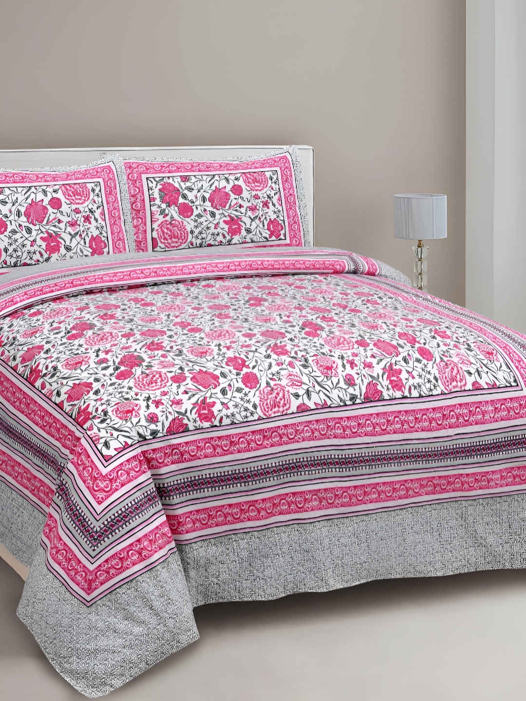 

FABROLI Pink & White 300 TC Double King 130 GSM Bedsheet Set