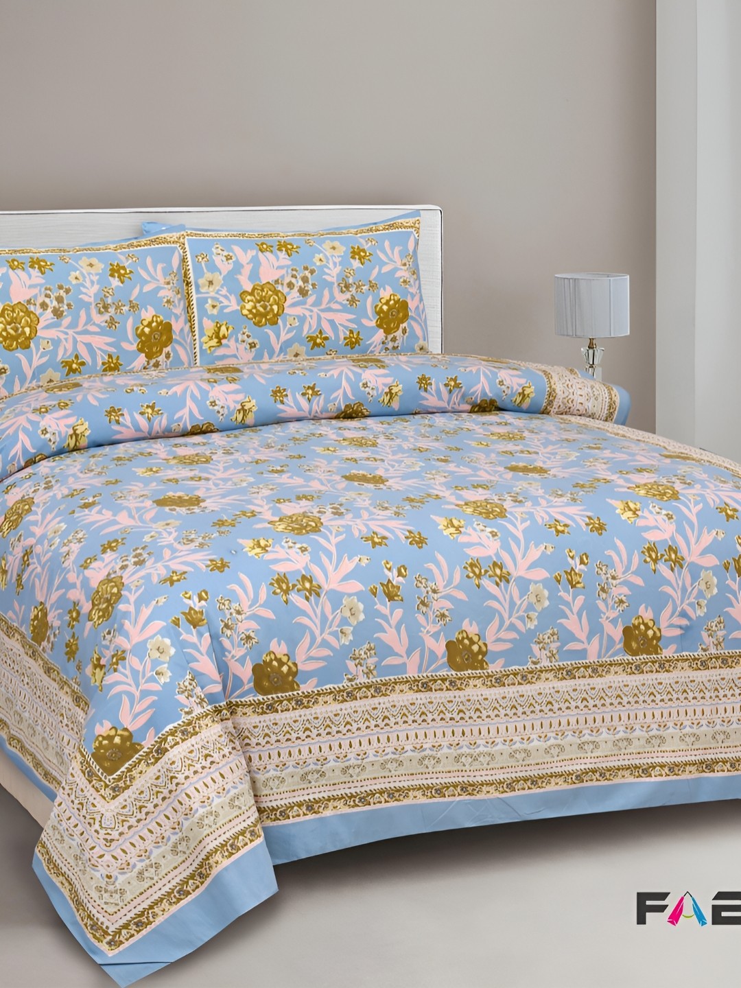 

FABROLI Blue Yellow Floral 300 TC Cotton King Bedsheet With 2 Pillow Covers
