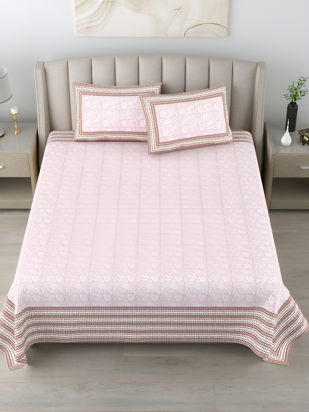 

FABROLI Pink Floral 300 TC King Bedsheet with 2 Pillow Covers 130 GSM