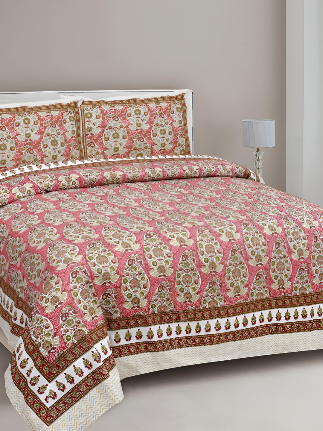 

FABROLI Pink Ethnic Motifs 300 TC Cotton King Bedsheet With 2 Pillow Covers