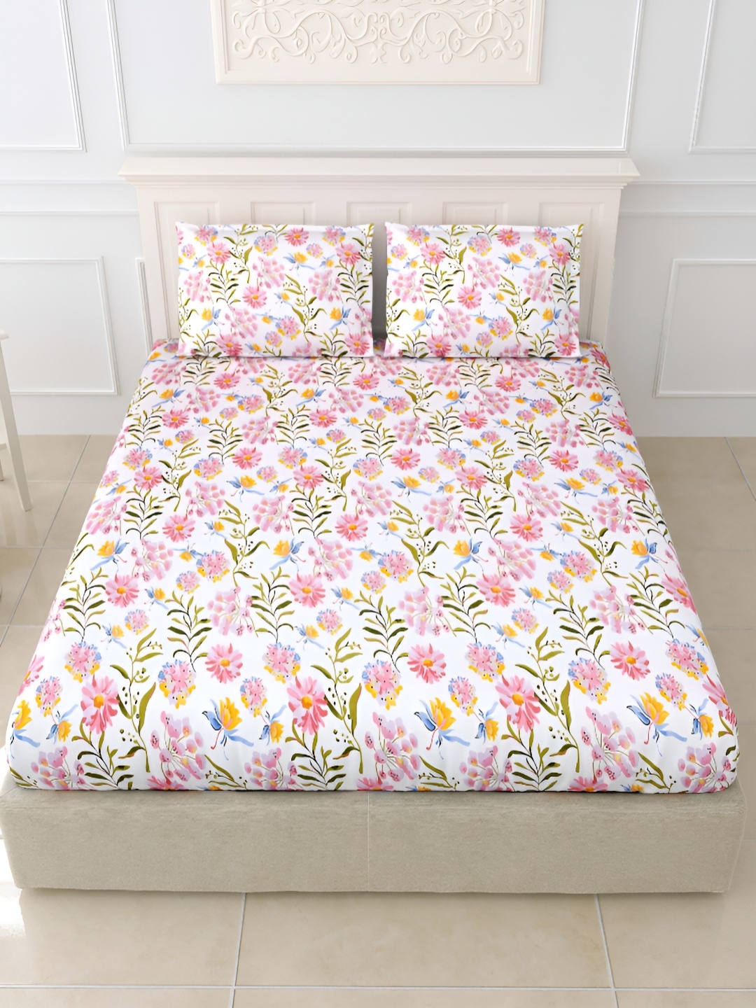 

FABROLI White & Pink Floral 300 TC King Bedsheet with 2 Pillow Covers