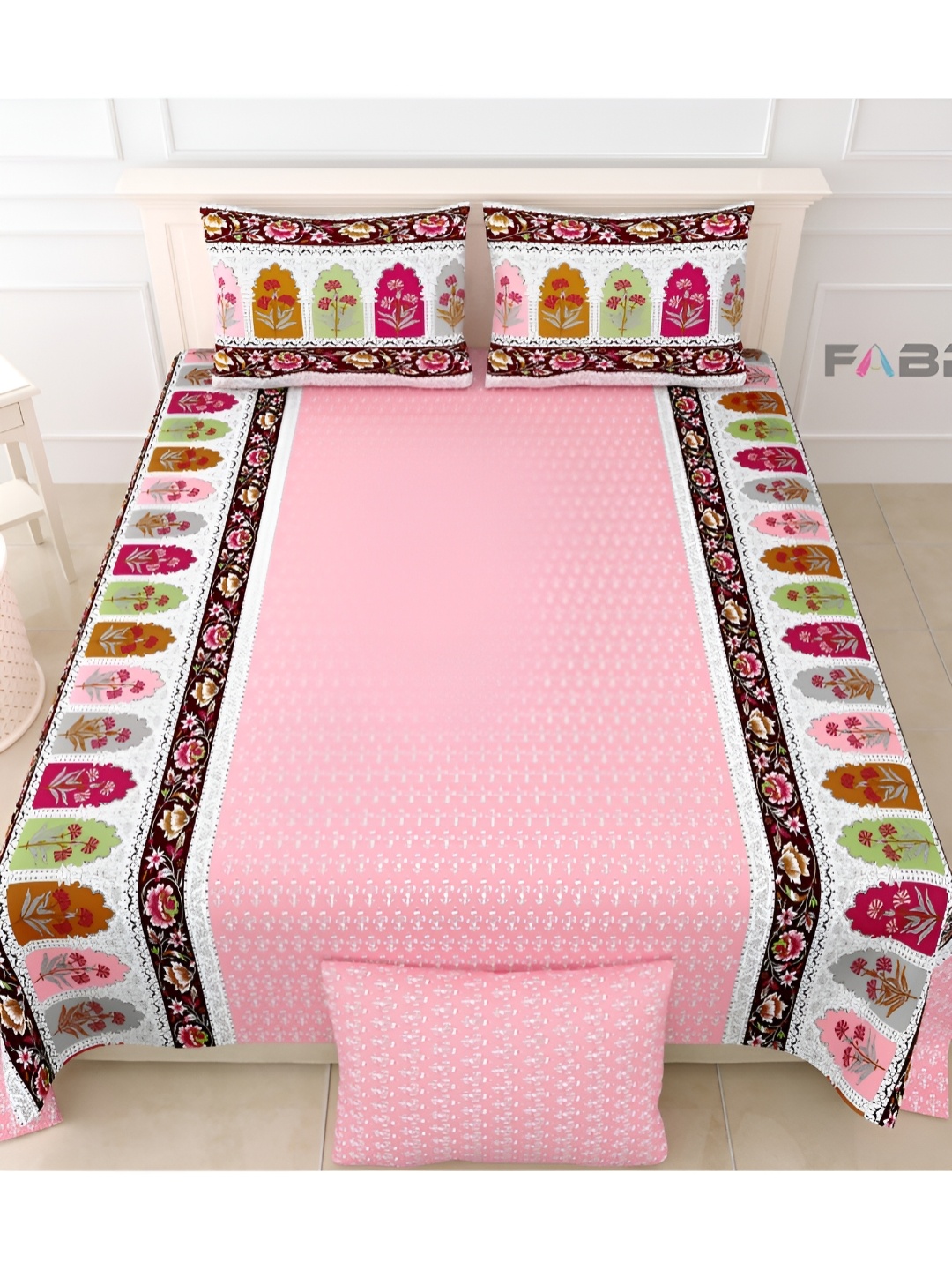 

FABROLI Pink & Green 300 TC King Bedsheet with 2 Pillow Covers 130 GSM